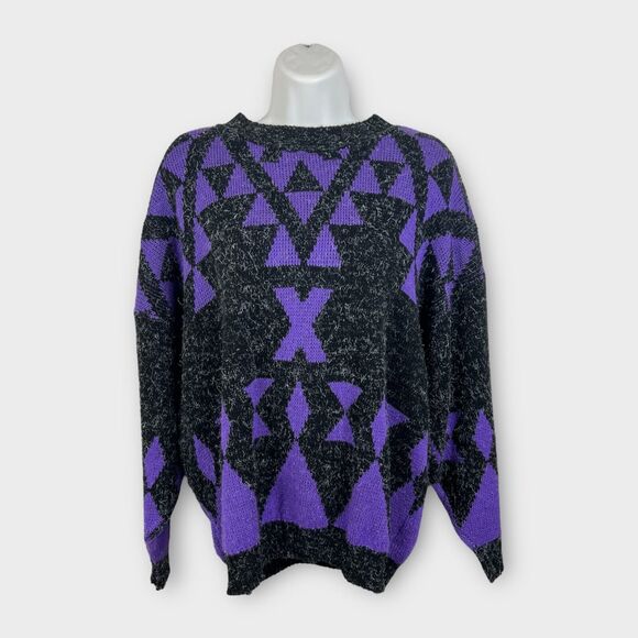 Vintage 80s 90s Purple and black geometric print acrylic sweater size L/XL - Picture 1 of 9